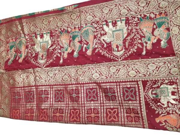 Deep Red Designer Saree with Dupatta Gold Zari Elephant Traditional Wedding Wear - Image 4
