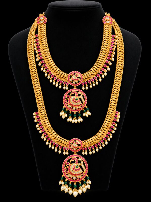 Jalebi Kundan Semi Bridal Jewellery Set Gold Plated Haram Jhumka Maang Tikka - Image 3