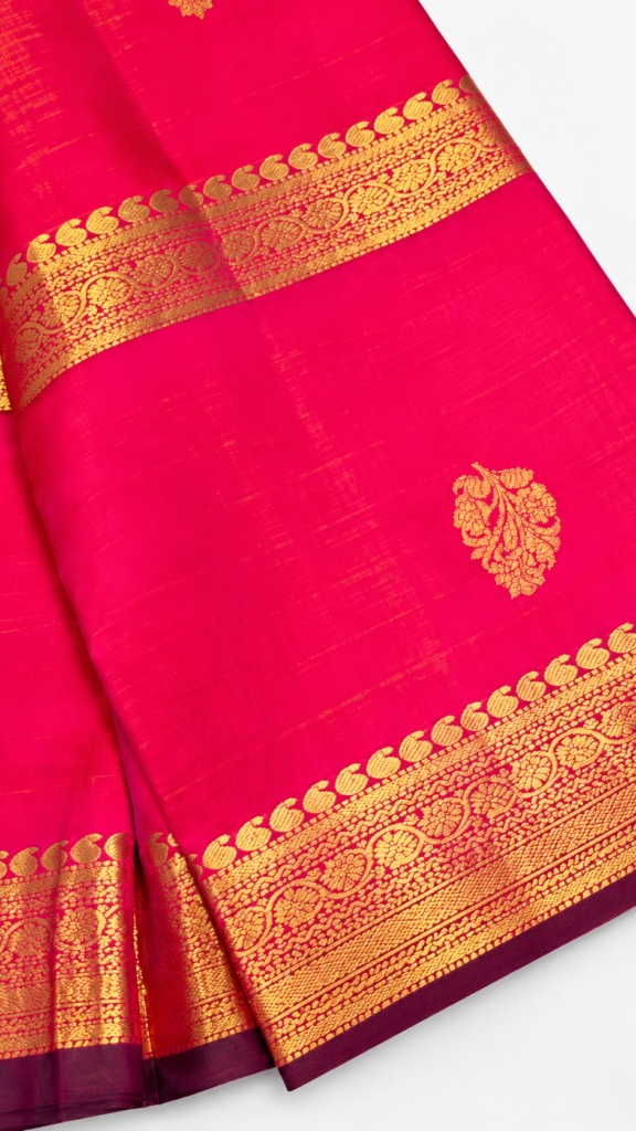 Pure Silk Kanchipuram Saree Pink Gold Zari Border Butta Indian Wedding Sari