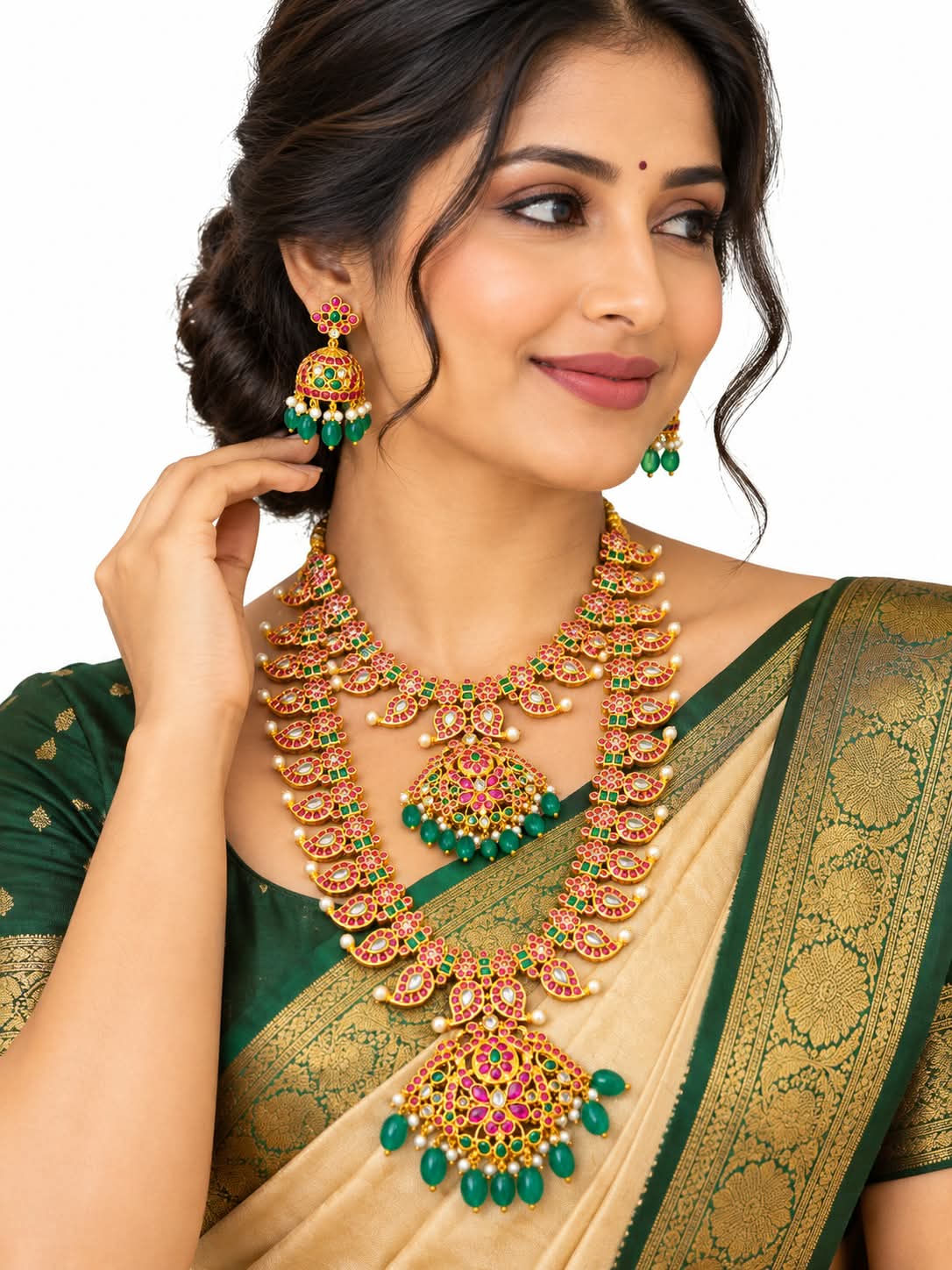 Traditional Kundan Haram Necklace Jhumka Set Ruby Green Gold Tone Bridal Jewelry - Image 1