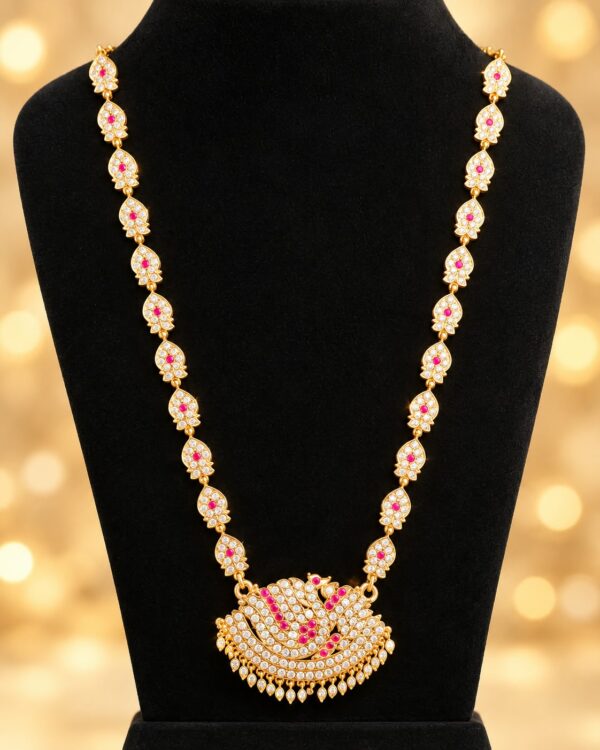 Pink Impon Haram Long Necklace Gold Tone White Stone Bridal Indian Jewellery - Image 2