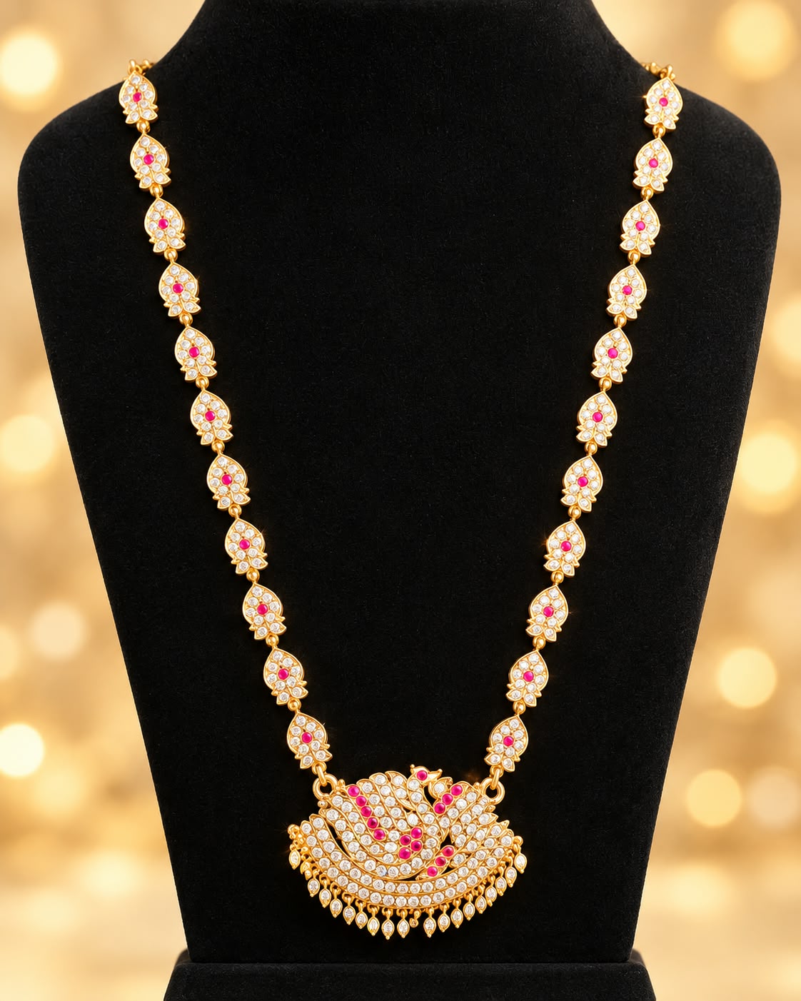 Pink Impon Haram Long Necklace Gold Tone White Stone Bridal Indian Jewellery - Image 2