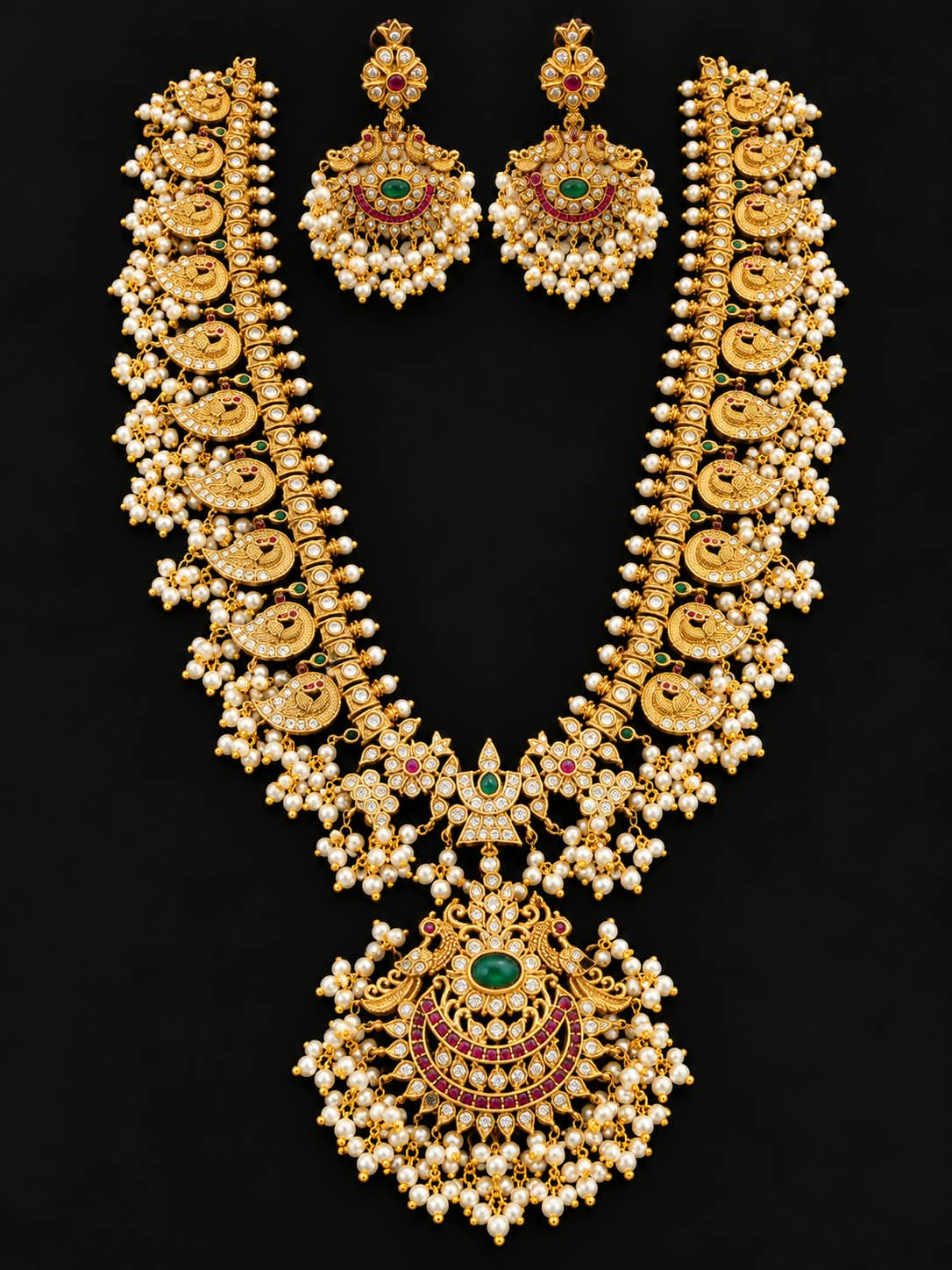 Antique Gold Gutta Pusalu Mala Long Haram Necklace Earrings Set South Indian - Image 3