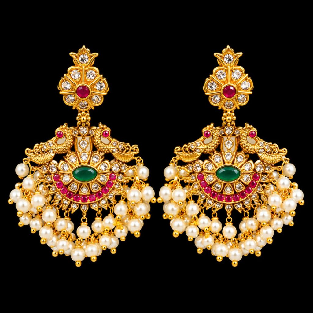Antique Gold Gutta Pusalu Mala Long Haram Necklace Earrings Set South Indian