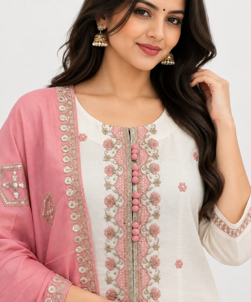 White & Pink 3 Piece Indian Salwar Suit Embroidered Kurta Dupatta Ethnic Wear