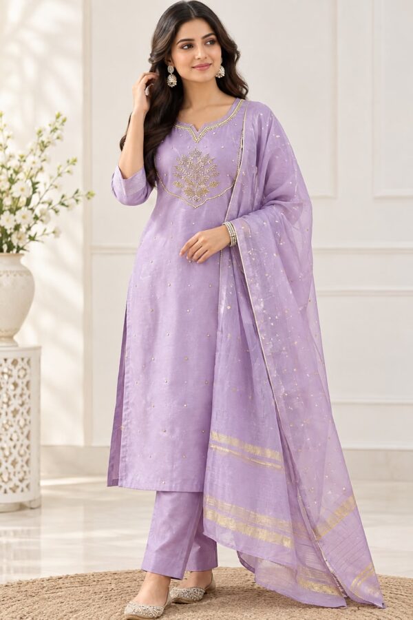 Women's Lavender 3 Piece Salwar Suit Embroidered Kurta Pant Dupatta - Image 1