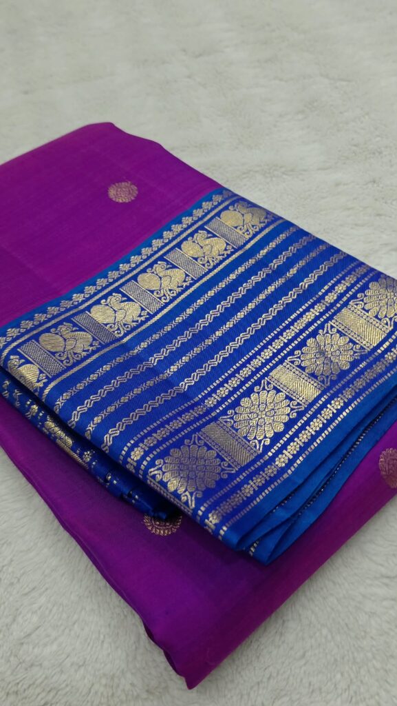 Pure Silk Kanchipuram Saree Magenta Blue Gold Zari Traditional Indian Wedding