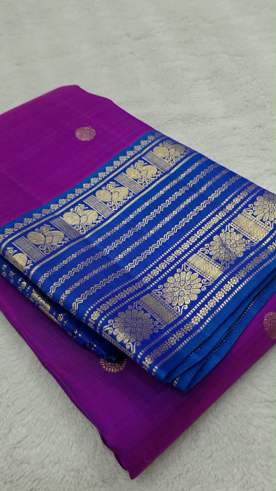 Pure Silk Kanchipuram Saree Magenta Blue Gold Zari Traditional Indian Wedding - Image 2