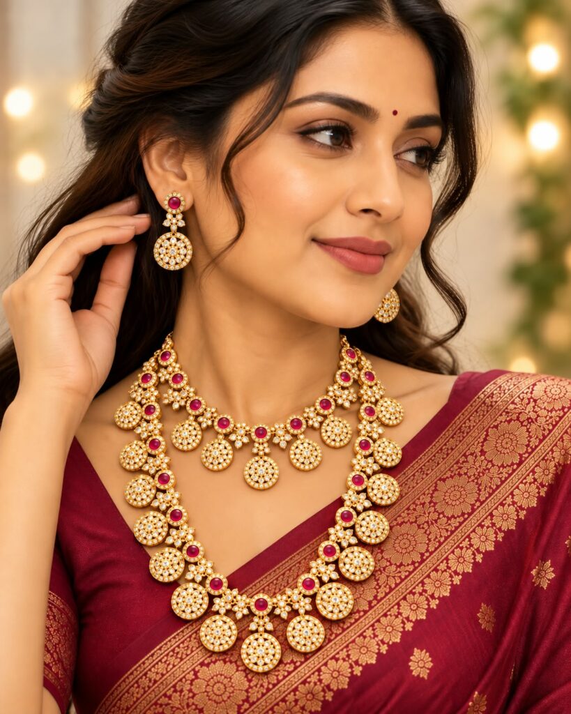 Traditional Butta Mala Long Haram Short Necklace Earrings Set Pink Gold Tone