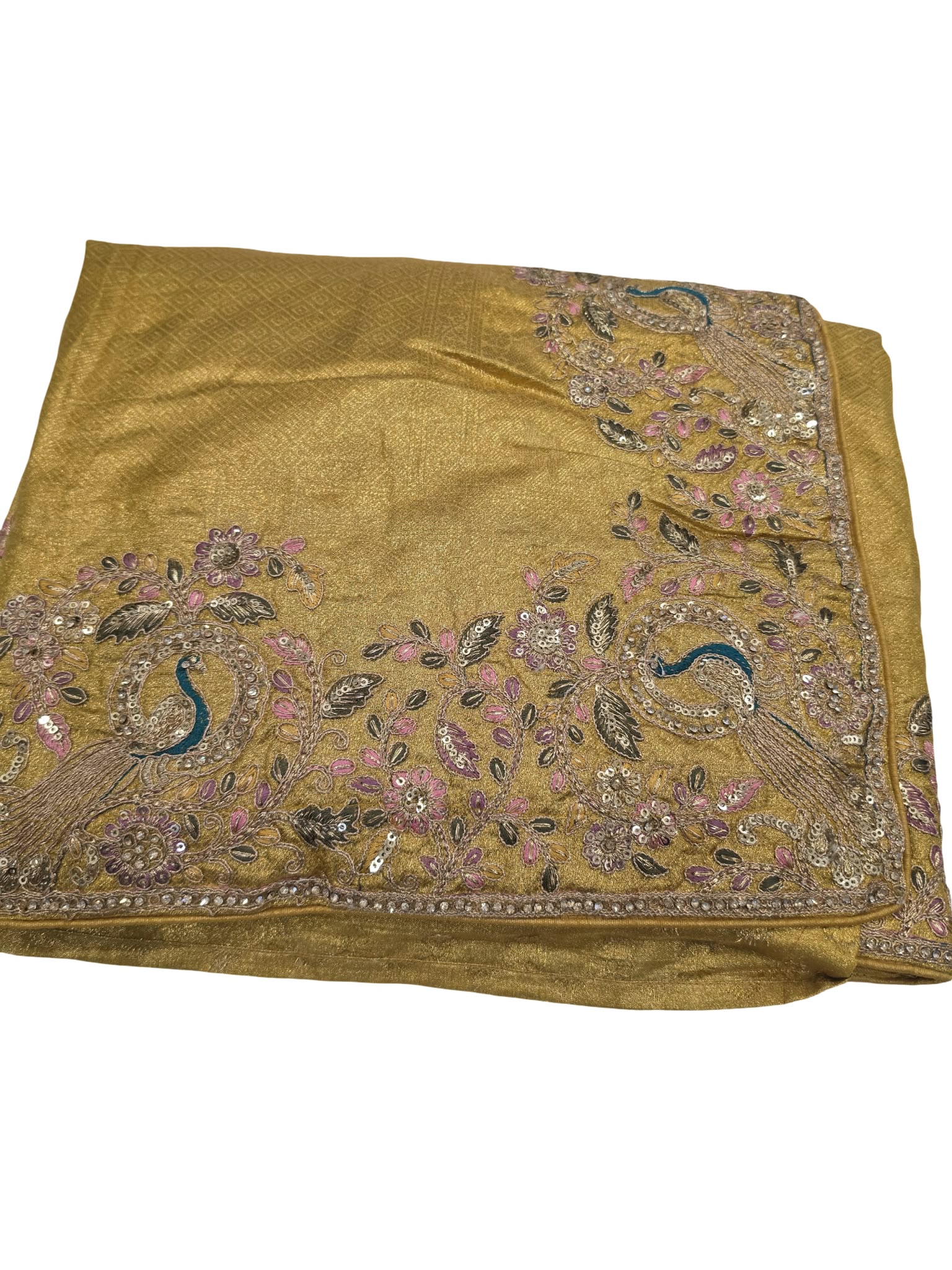 Designer Tissue Silk Saree Peacock Embroidery Sequin Work Wedding Party Wear - Image 4