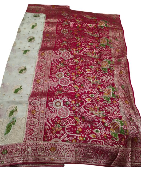 Fendy Jharkhan Saree Cream Magenta Zari Border Peacock Design Wedding Party Wear - Image 4