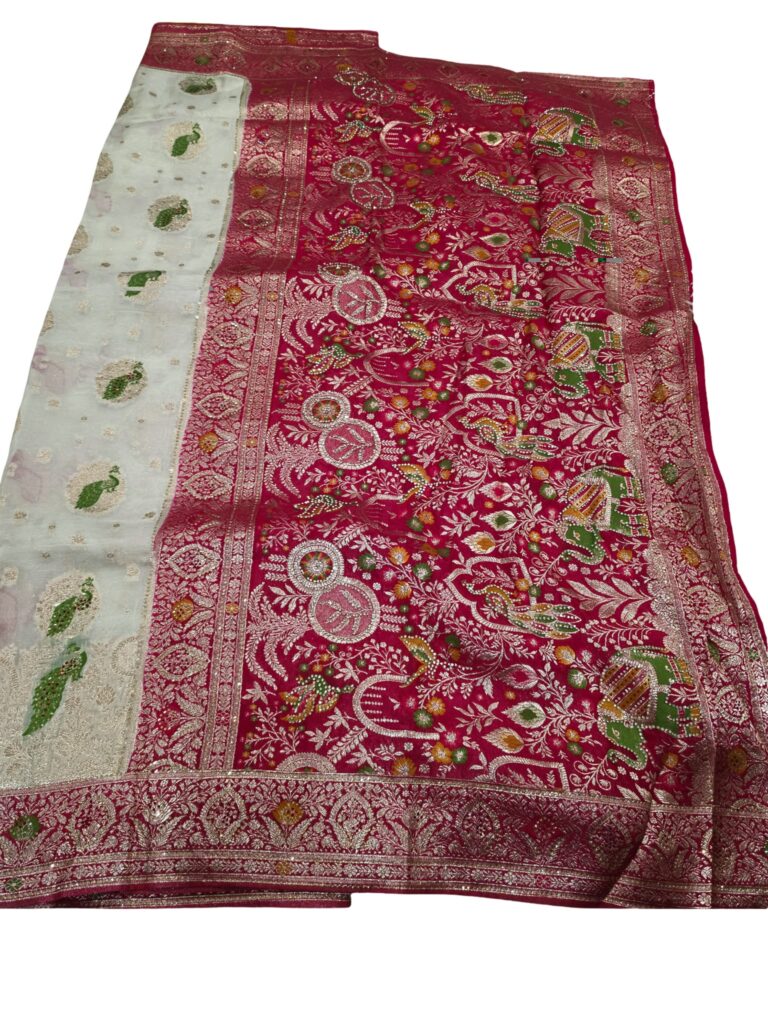 Fendy Jharkhan Saree Cream Magenta Zari Border Peacock Design Wedding Party Wear