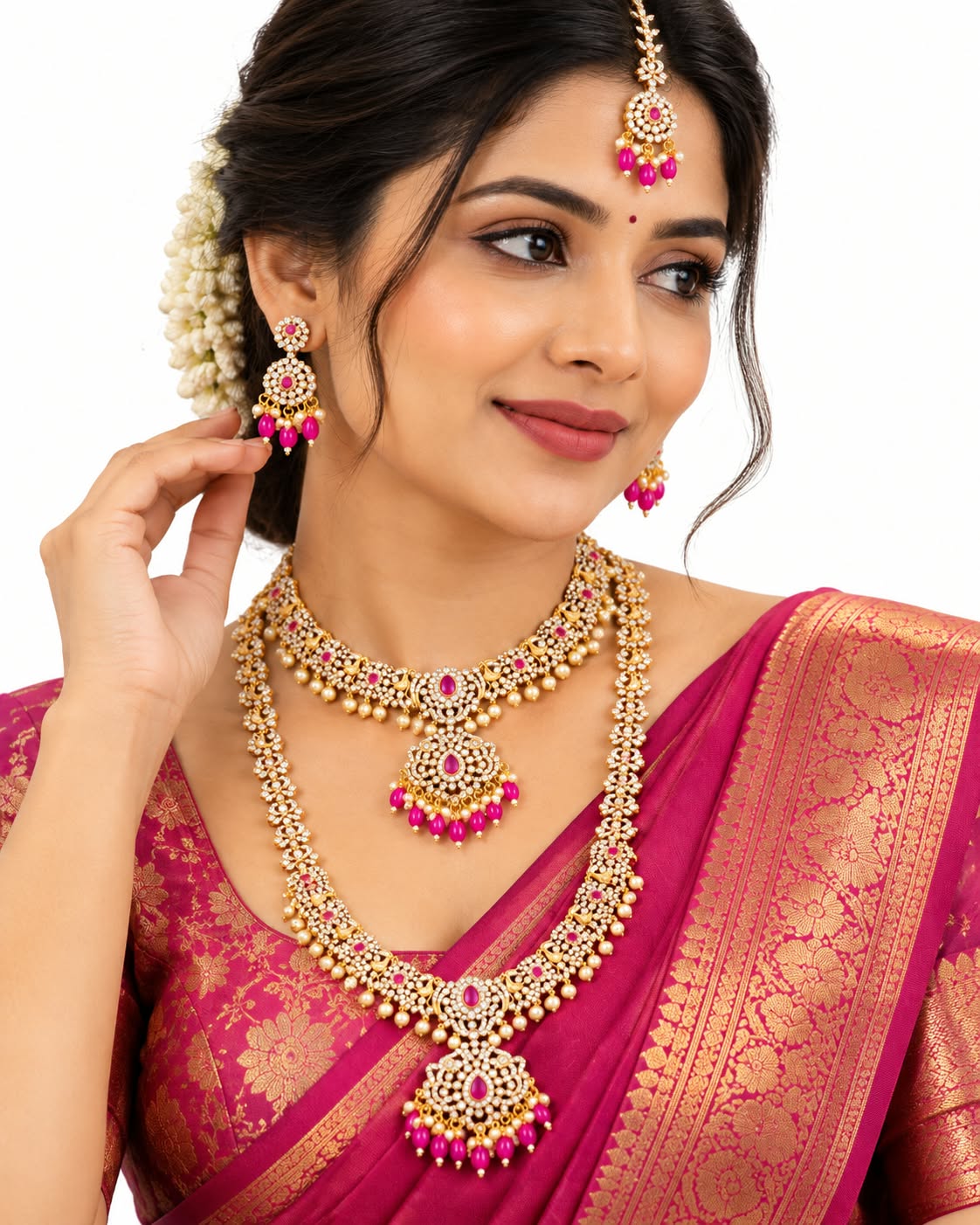 Antique Gold Finish AD Stone Semi Bridal Jewellery Set Haram Necklace Earrings - Image 1