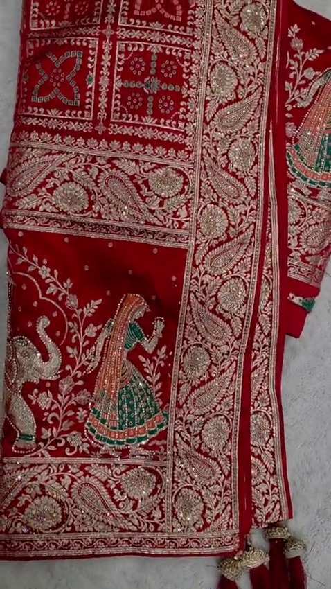 Deep Red Designer Saree with Dupatta Gold Zari Elephant Traditional Wedding Wear - Image 12