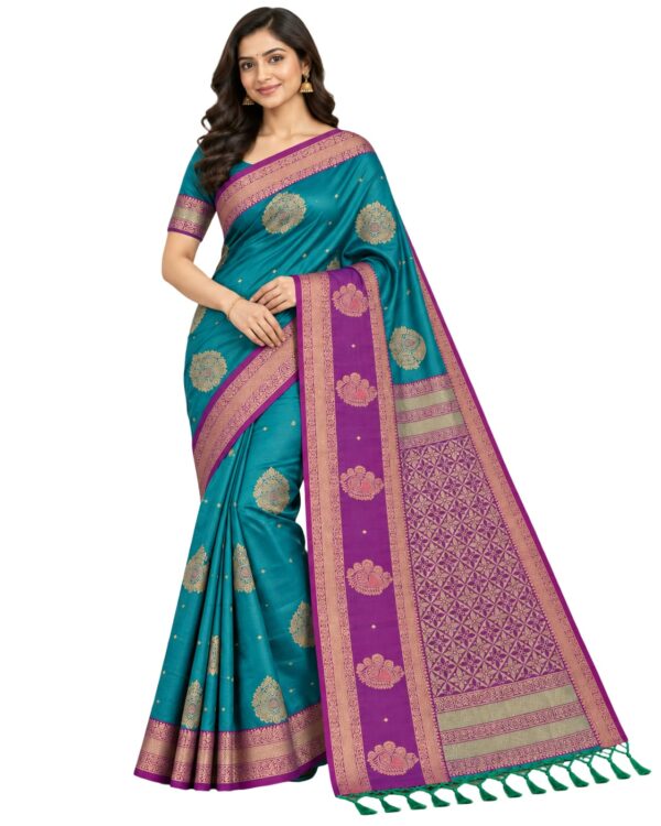 Kanchipuram Style Semi Silk Saree Gap Border Zari Work Traditional Party Wear - Image 1