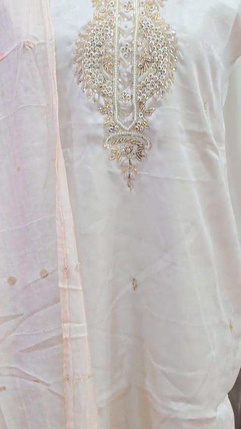 Ivory White 3 Piece Salwar Suit Women Gold Embroidery Indian Ethnic Dress - Image 5