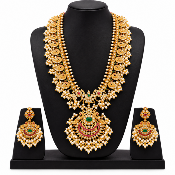 Antique Gold Gutta Pusalu Mala Long Haram Necklace Earrings Set South Indian - Image 4