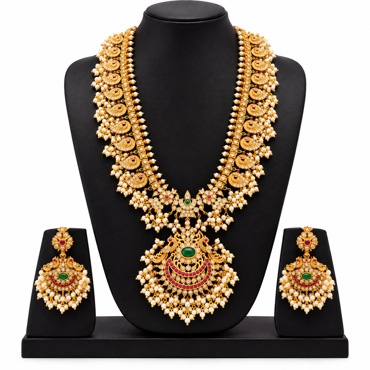Antique Gold Gutta Pusalu Mala Long Haram Necklace Earrings Set South Indian - Image 4