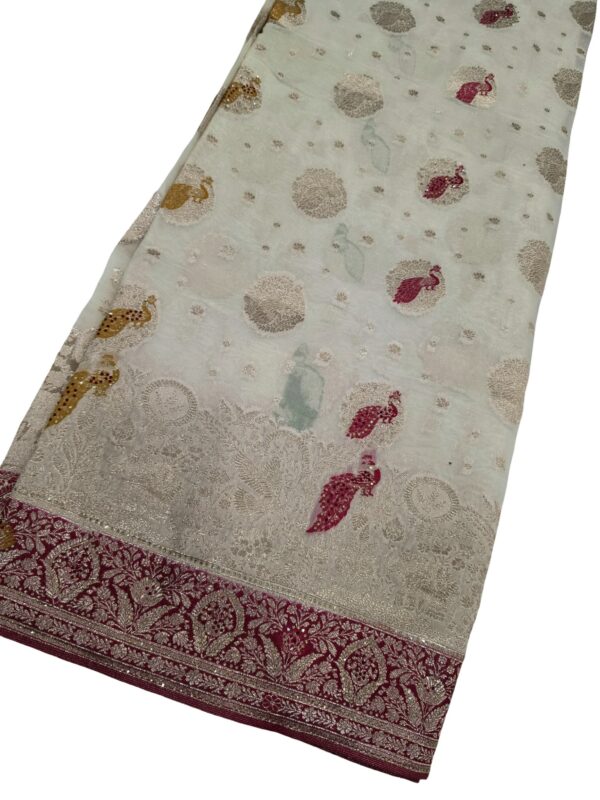 Fendy Jharkhan Saree Cream Magenta Zari Border Peacock Design Wedding Party Wear - Image 2