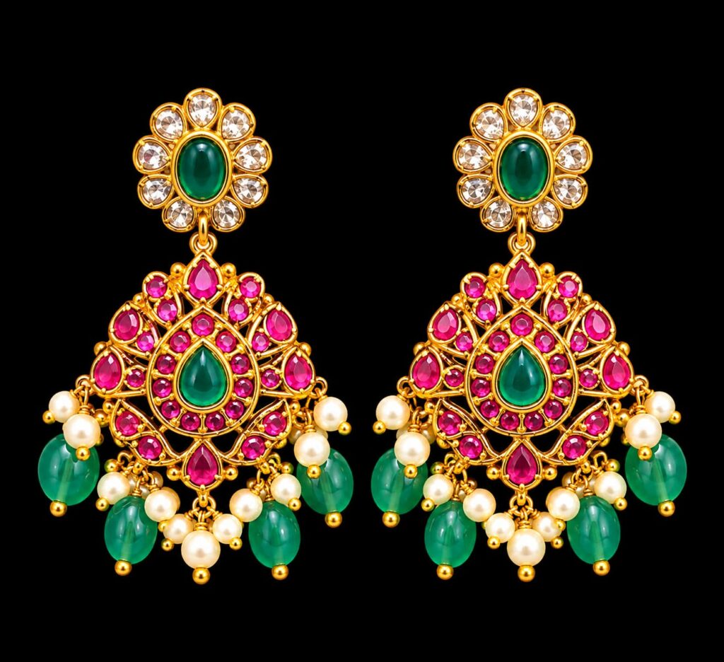 Kundan Long Haram Necklace Earrings Set Ruby Green Stones Gold Tone Bridal