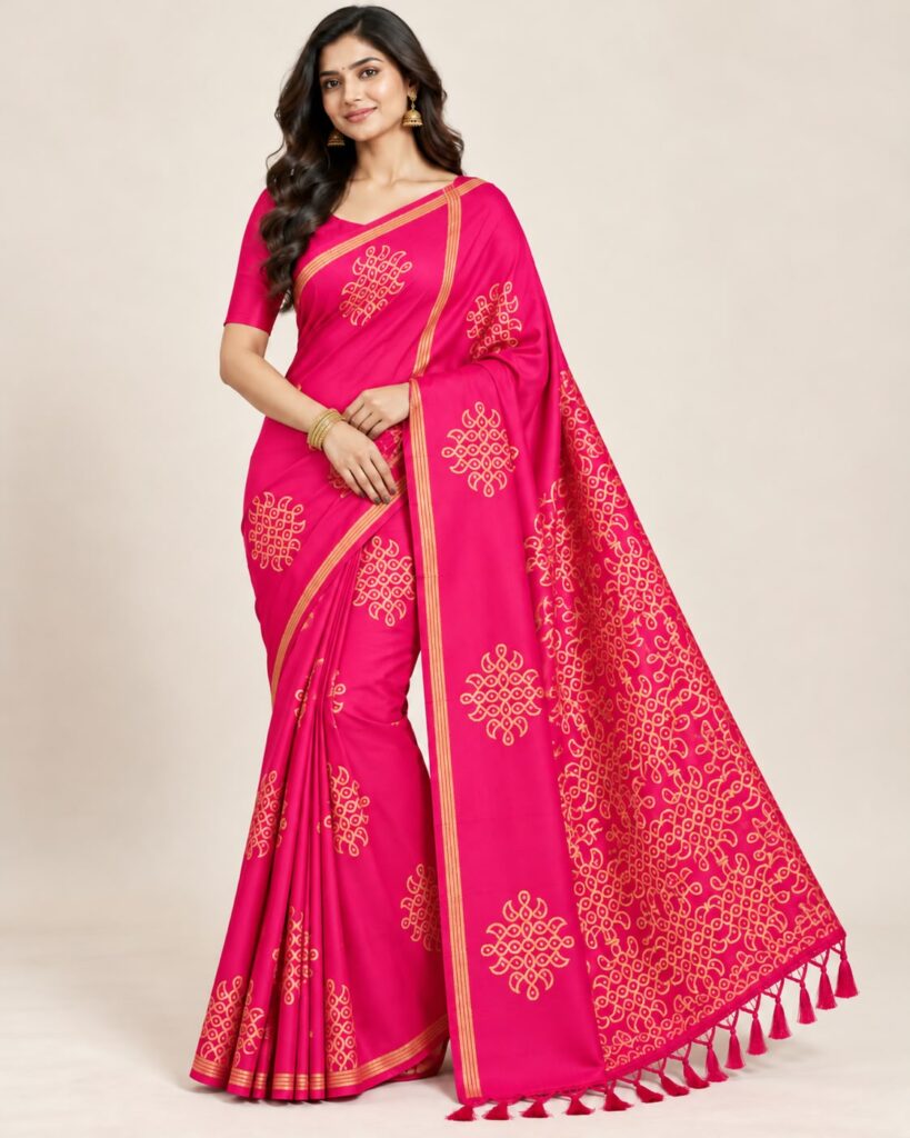 Kolam Design Soft Silk Saree Gold Motif Border Pallu Indian Ethnic Wear
