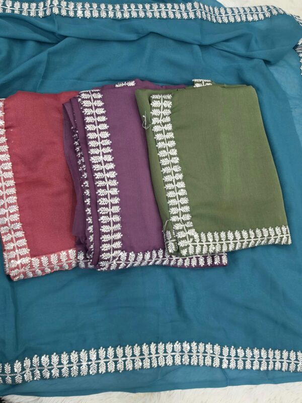 Designer Georgette Saree with Stitched Blouse Embroidered Party Wear 4 Colors - Image 2
