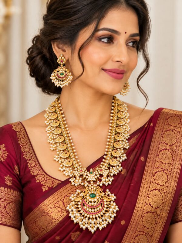 Antique Gold Gutta Pusalu Mala Long Haram Necklace Earrings Set South Indian - Image 1