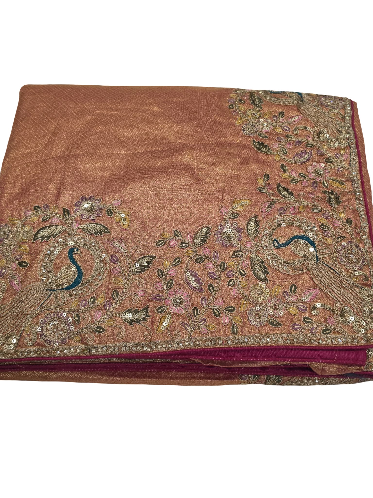 Designer Tissue Silk Saree Peacock Embroidery Sequin Work Wedding Party Wear - Image 5