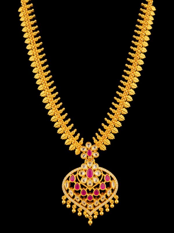 Micro Gold Plated Long Haram Necklace Ruby White Stone Pendant Traditional Jewelry - Image 2