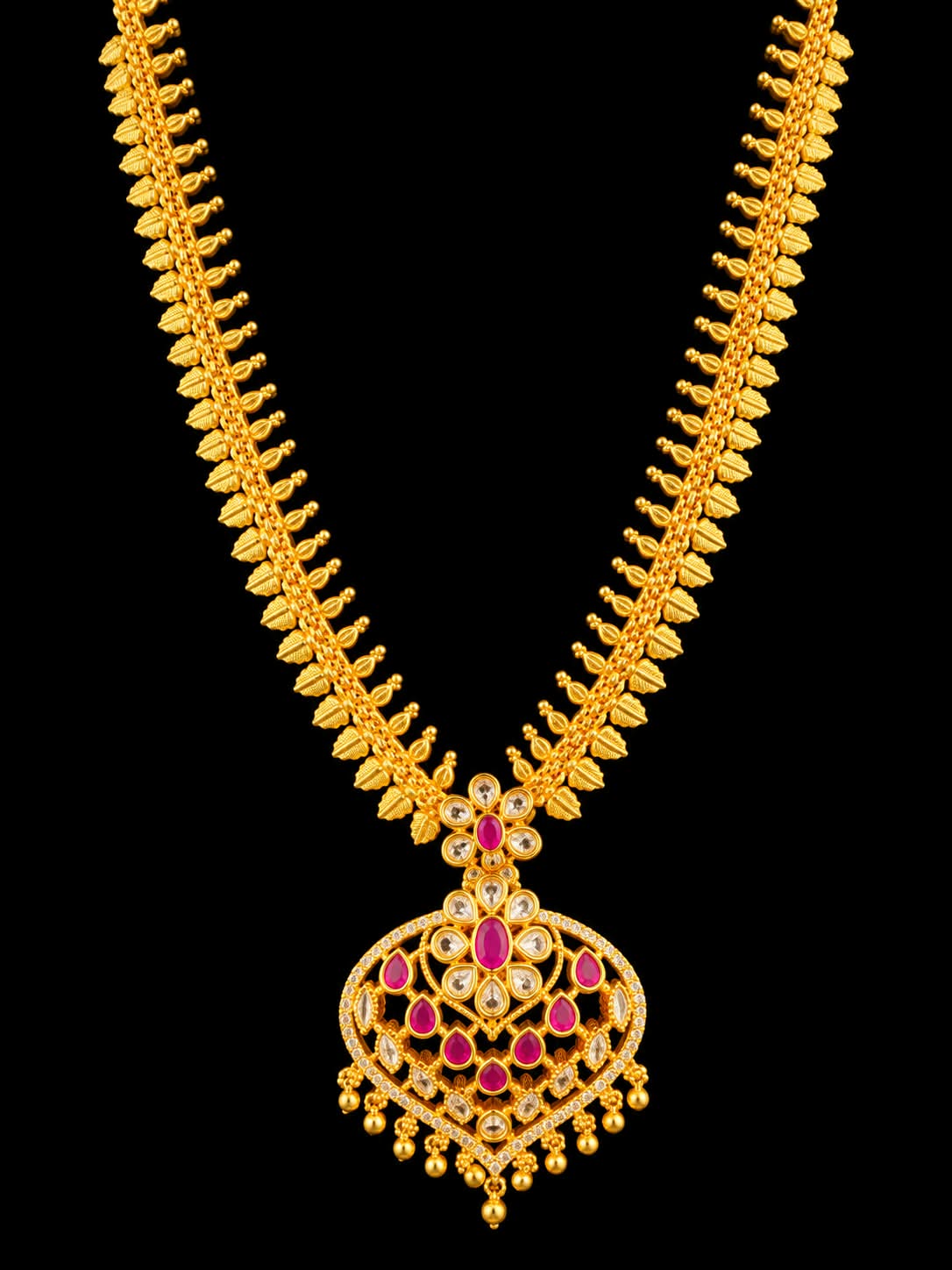 Micro Gold Plated Long Haram Necklace Ruby White Stone Pendant Traditional Jewelry - Image 2