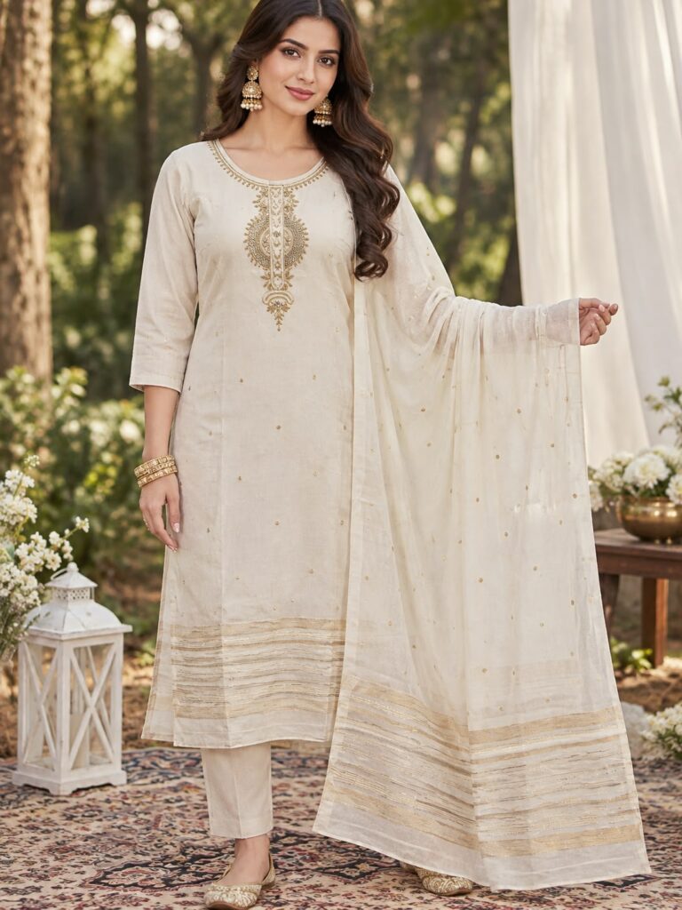 Ivory White 3 Piece Salwar Suit Women Gold Embroidery Indian Ethnic Dress