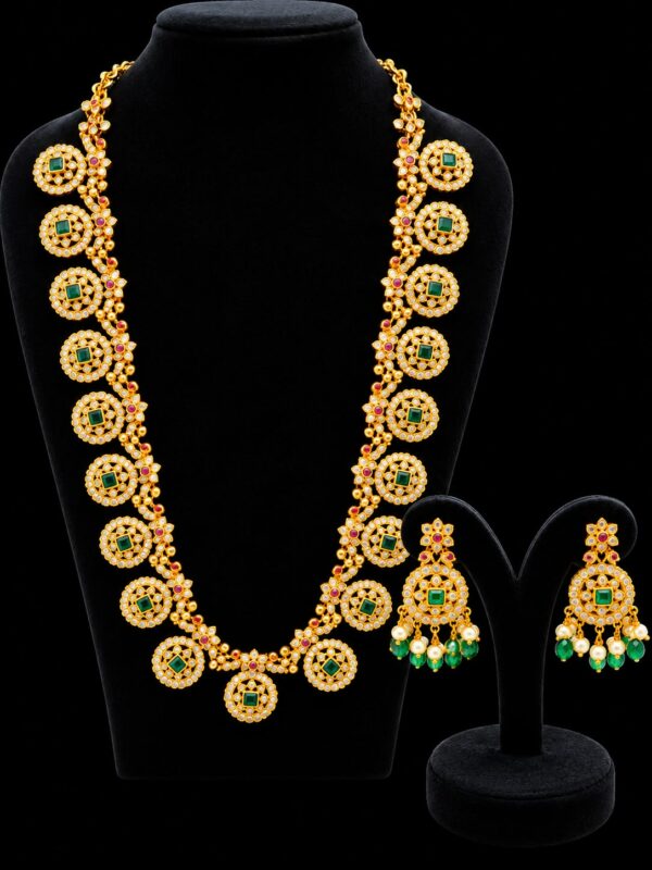Traditional Butta Mala Long Necklace Set Green Pink White Stones Matching Earrings - Image 2