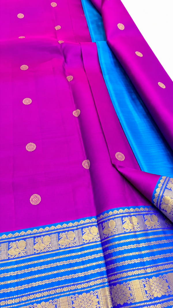 Pure Silk Kanchipuram Saree Magenta Blue Gold Zari Traditional Indian Wedding - Image 3