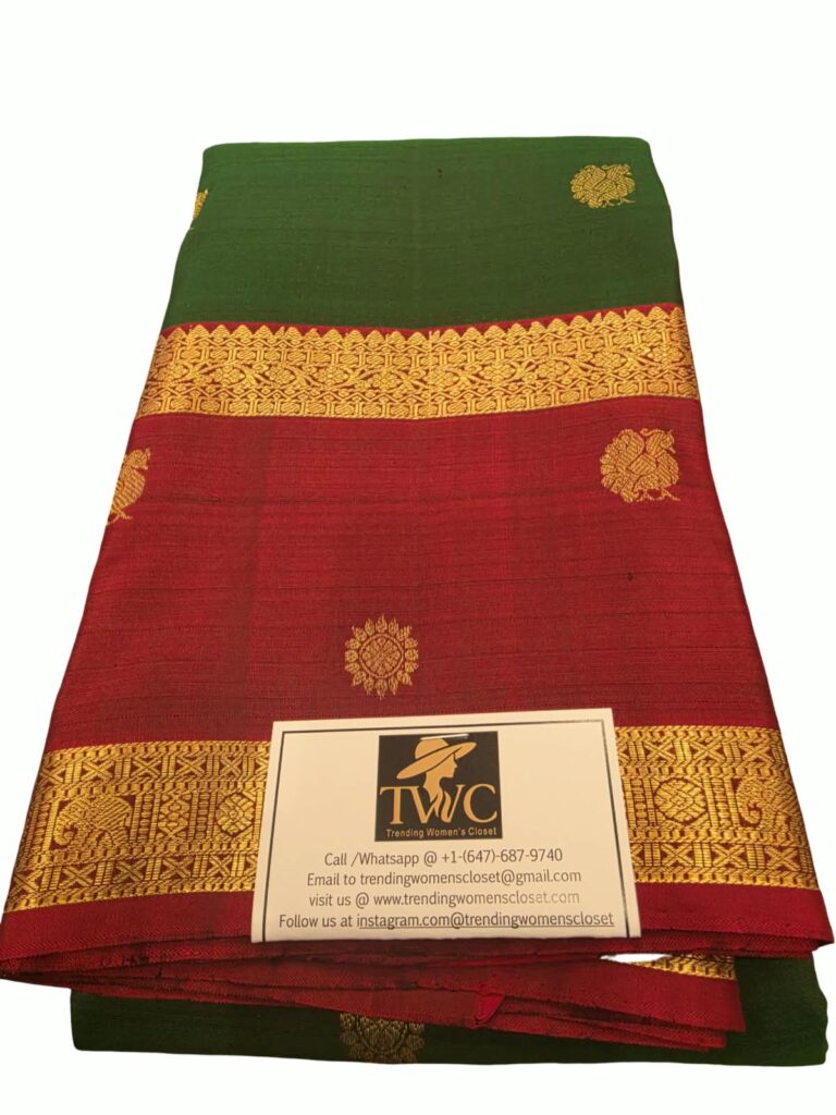 Green Maroon Kanchipuram Silk Saree Gold Zari Border Indian Traditional Sari