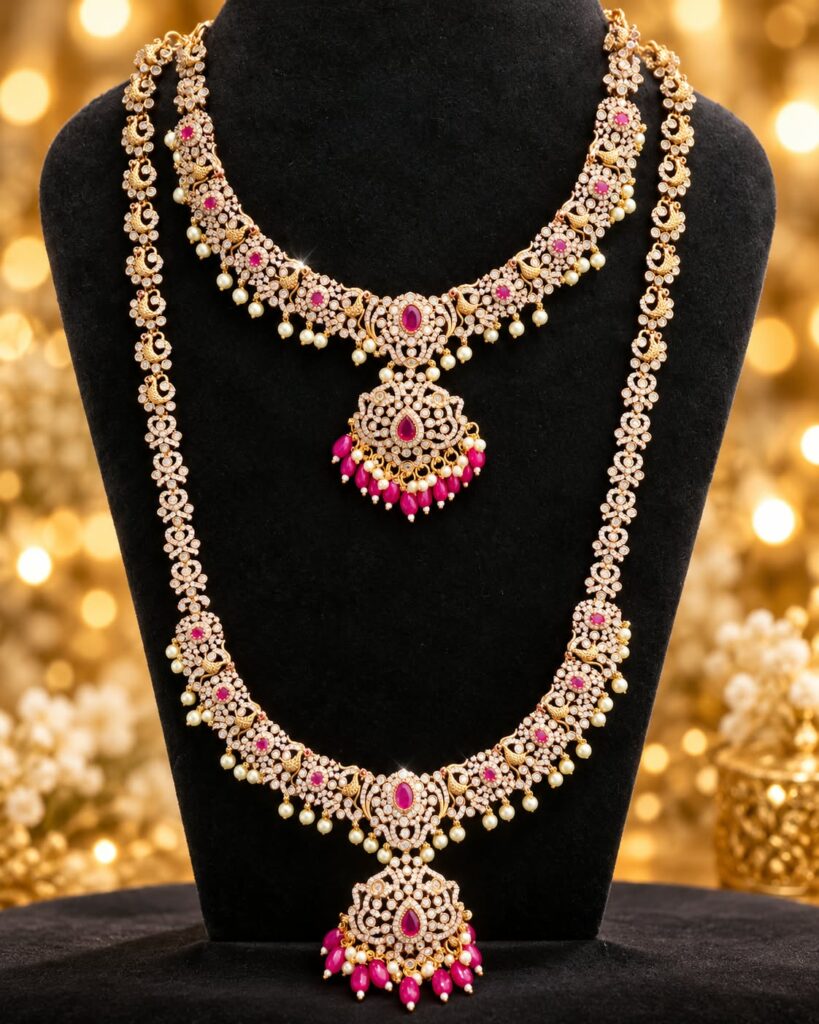 Antique Gold Finish AD Stone Semi Bridal Jewellery Set Haram Necklace Earrings