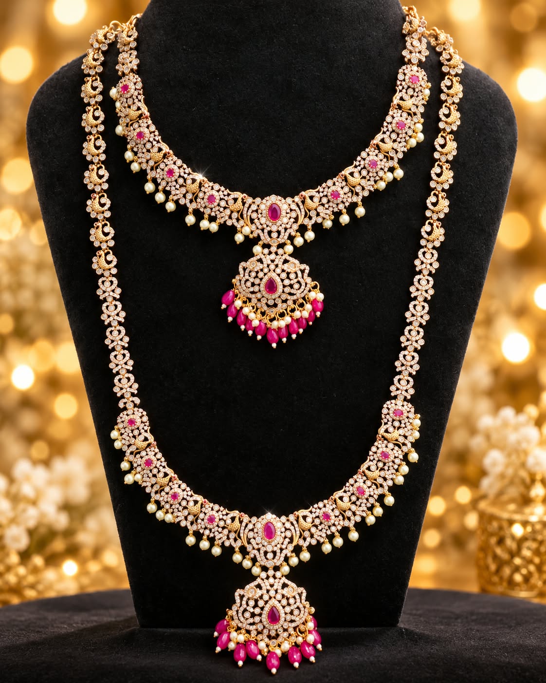 Antique Gold Finish AD Stone Semi Bridal Jewellery Set Haram Necklace Earrings - Image 3