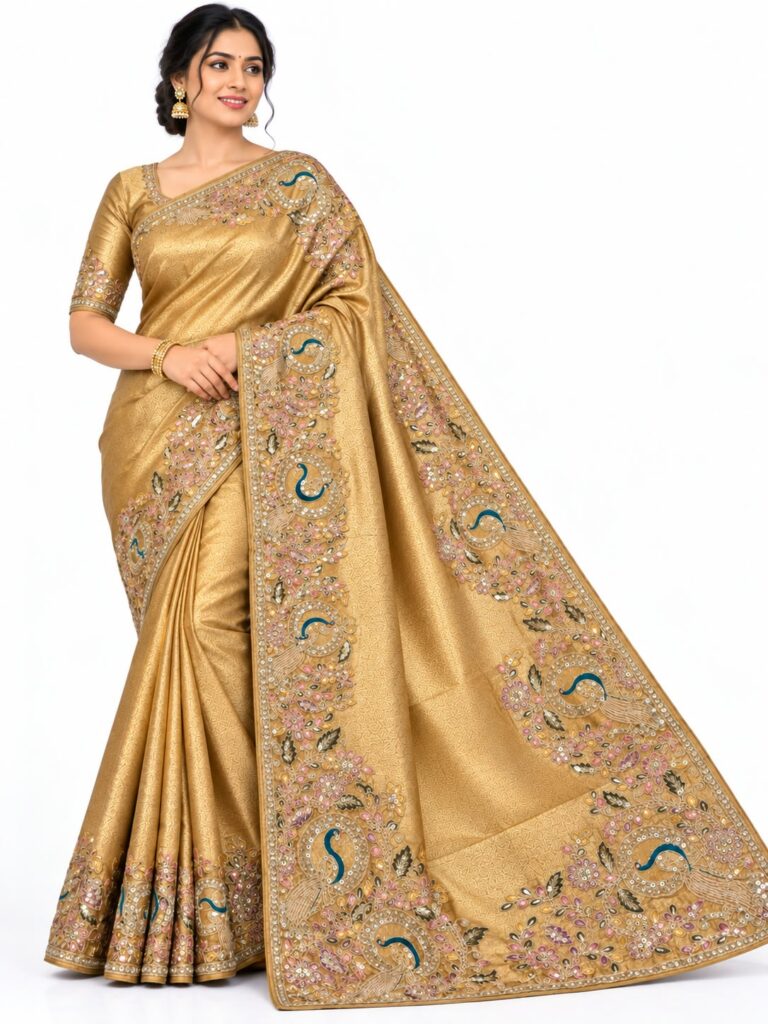 Designer Tissue Silk Saree Peacock Embroidery Sequin Work Wedding Party Wear