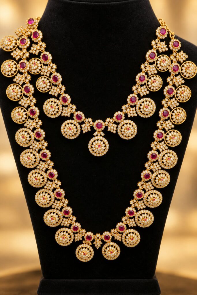 Traditional Butta Mala Long Haram Short Necklace Earrings Set Pink Gold Tone