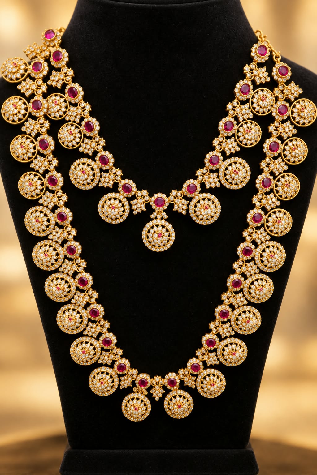 Traditional Butta Mala Long Haram Short Necklace Earrings Set Pink Gold Tone - Image 5