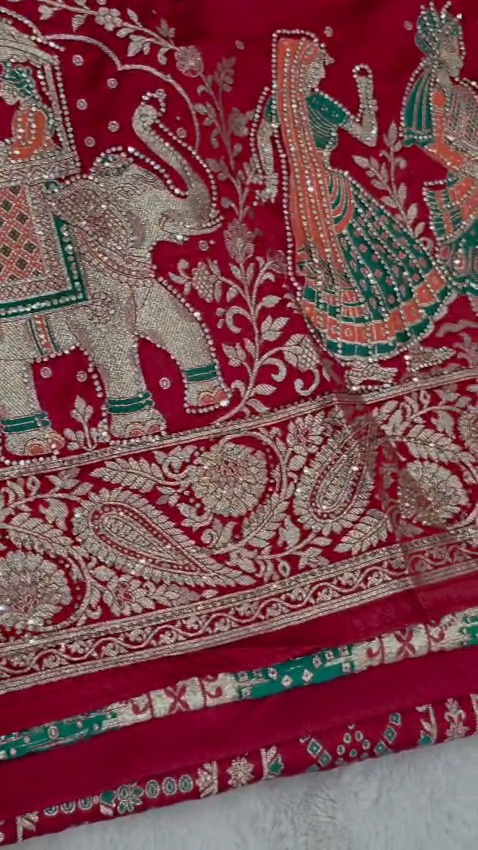 Deep Red Designer Saree with Dupatta Gold Zari Elephant Traditional Wedding Wear - Image 9