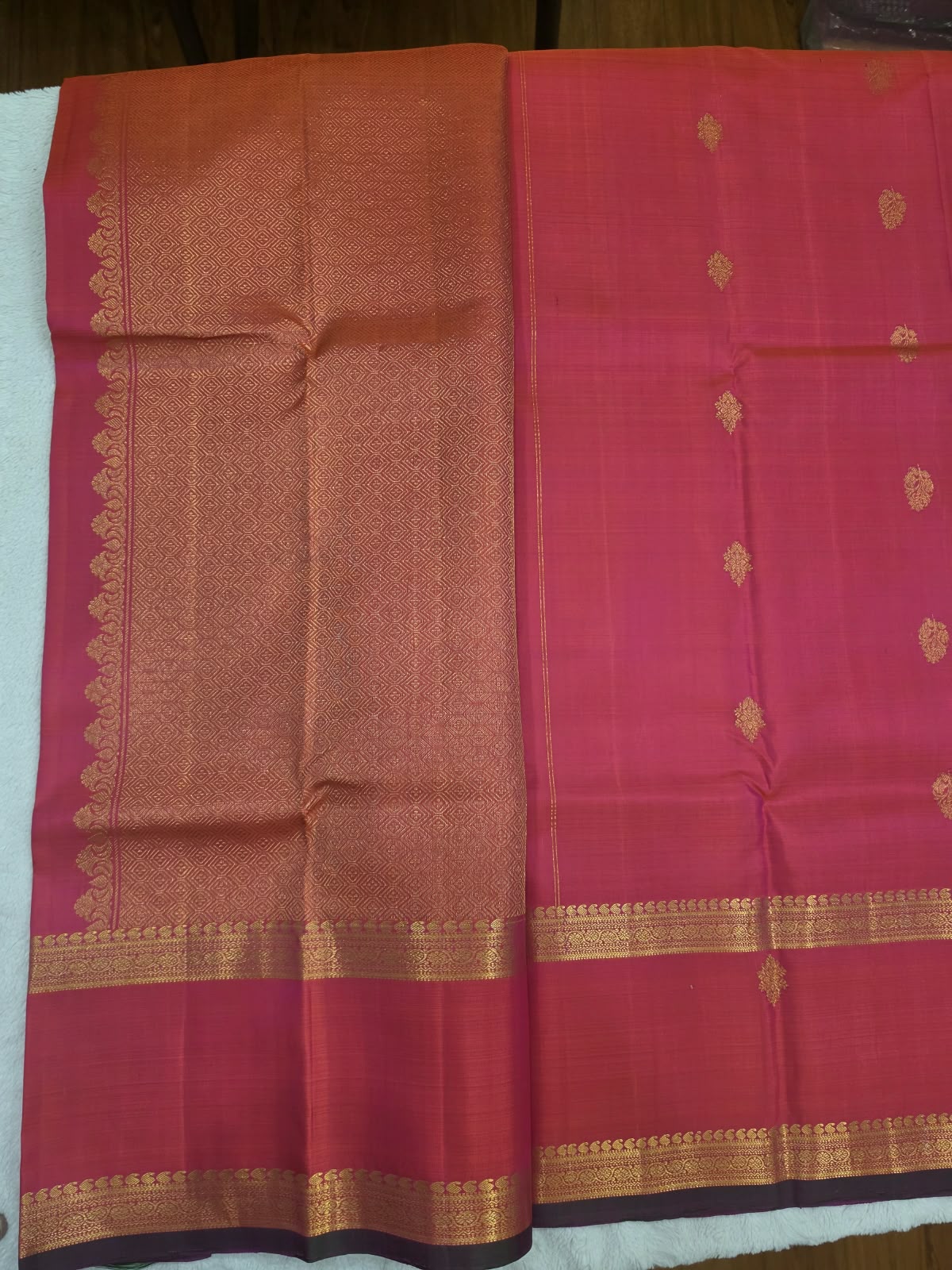 Pure Silk Kanchipuram Saree Pink Gold Zari Border Butta Indian Wedding Sari - Image 7