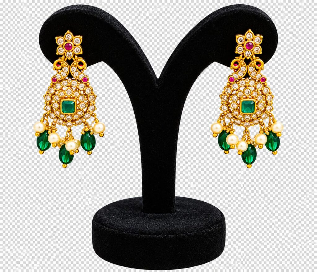 Traditional Butta Mala Long Necklace Set Green Pink White Stones Matching Earrings