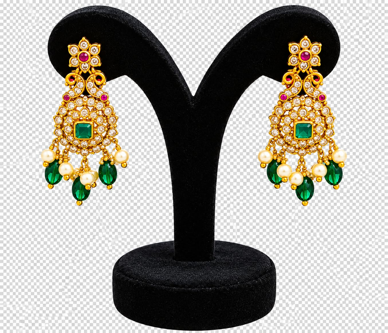 Traditional Butta Mala Long Necklace Set Green Pink White Stones Matching Earrings - Image 3