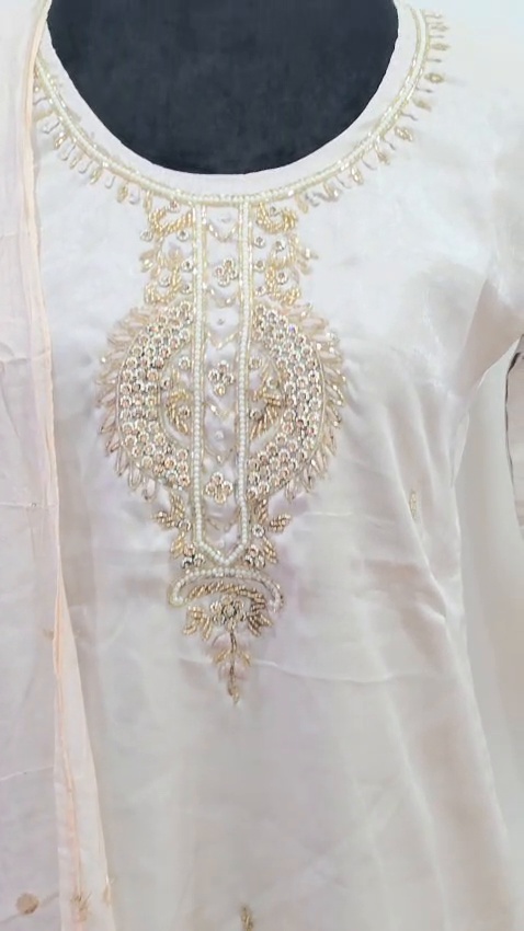 Ivory White 3 Piece Salwar Suit Women Gold Embroidery Indian Ethnic Dress - Image 9