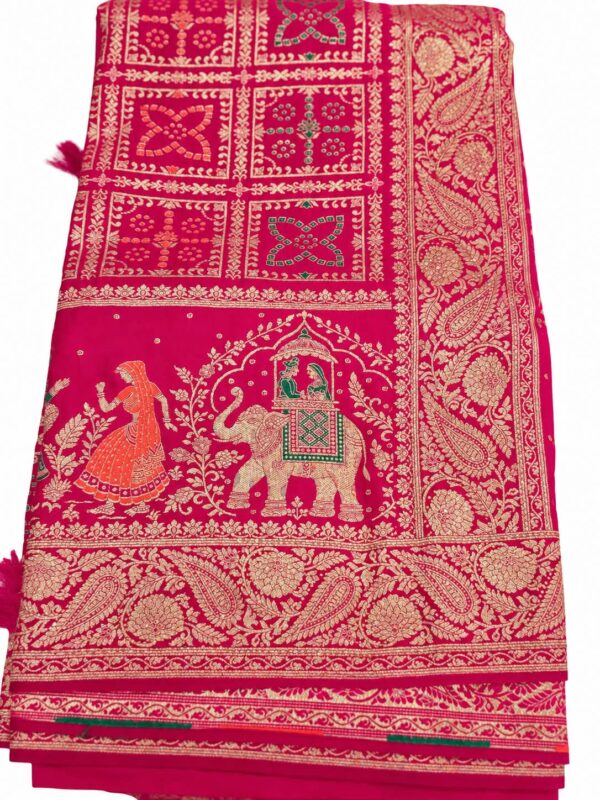 Deep Pink Banarasi Saree with Dupatta Gold Zari Look Elephant & Floral Design - Image 3
