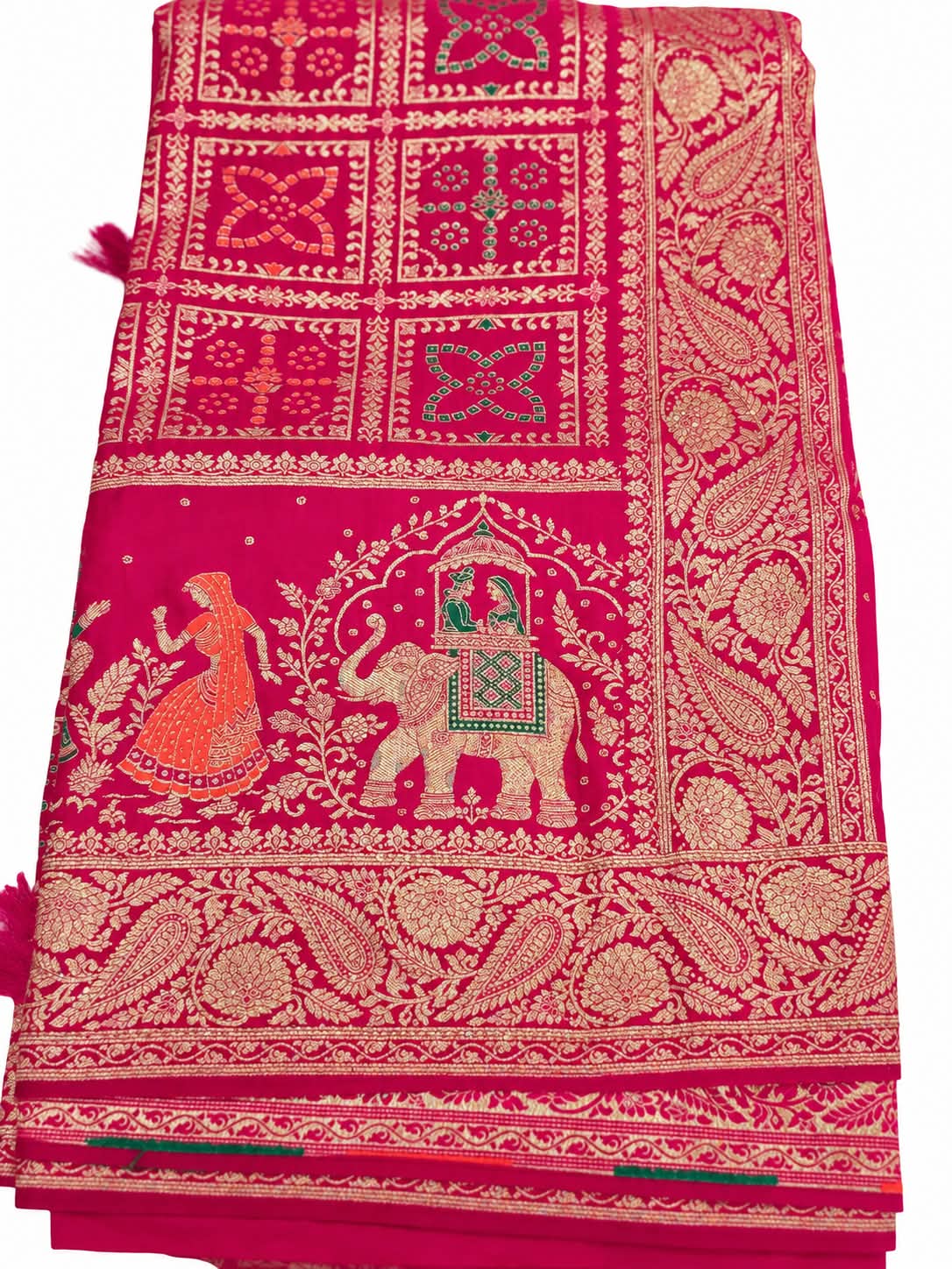 Deep Pink Banarasi Saree with Dupatta Gold Zari Look Elephant & Floral Design - Image 3