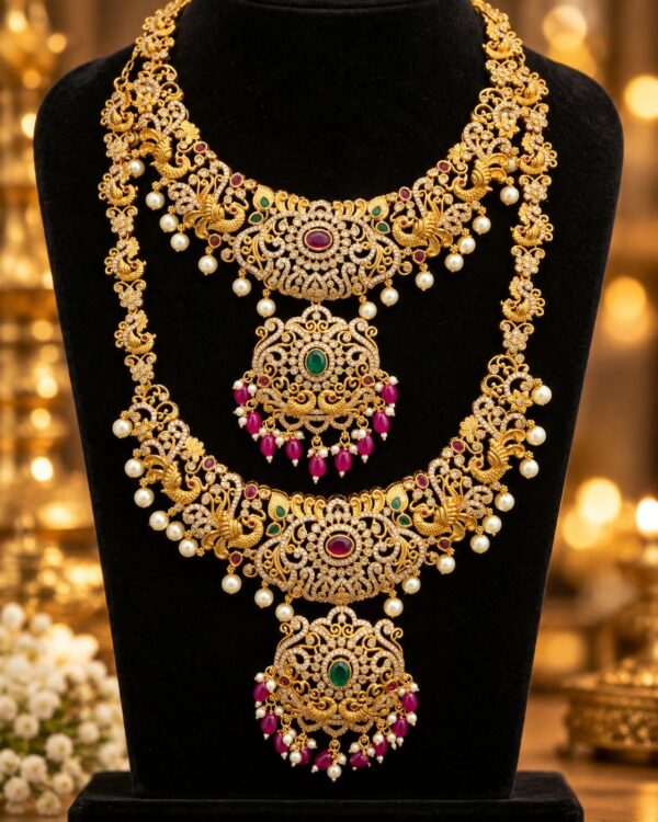 Gold Plated AD Stone Bridal Jewellery Set Long Haram Choker Earrings Maang Tikka - Image 2