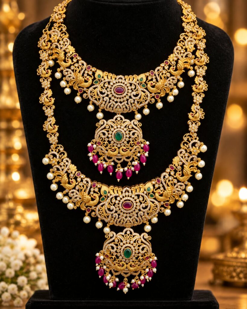 Gold Plated AD Stone Bridal Jewellery Set Long Haram Choker Earrings Maang Tikka