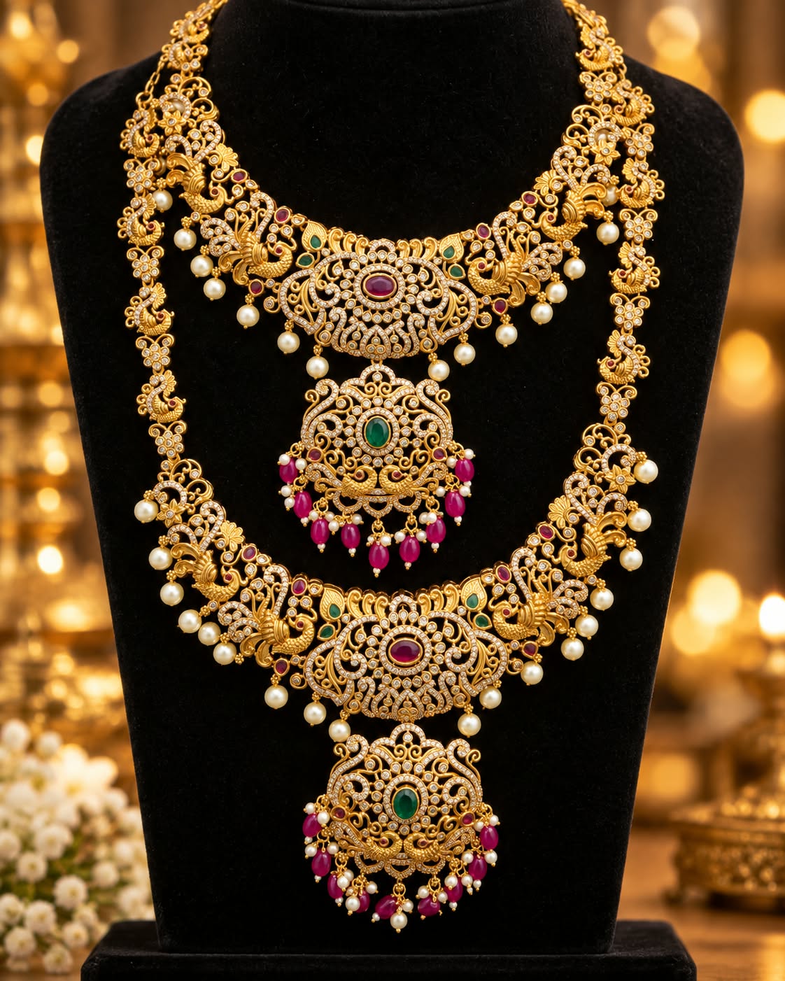 Gold Plated AD Stone Bridal Jewellery Set Long Haram Choker Earrings Maang Tikka - Image 2