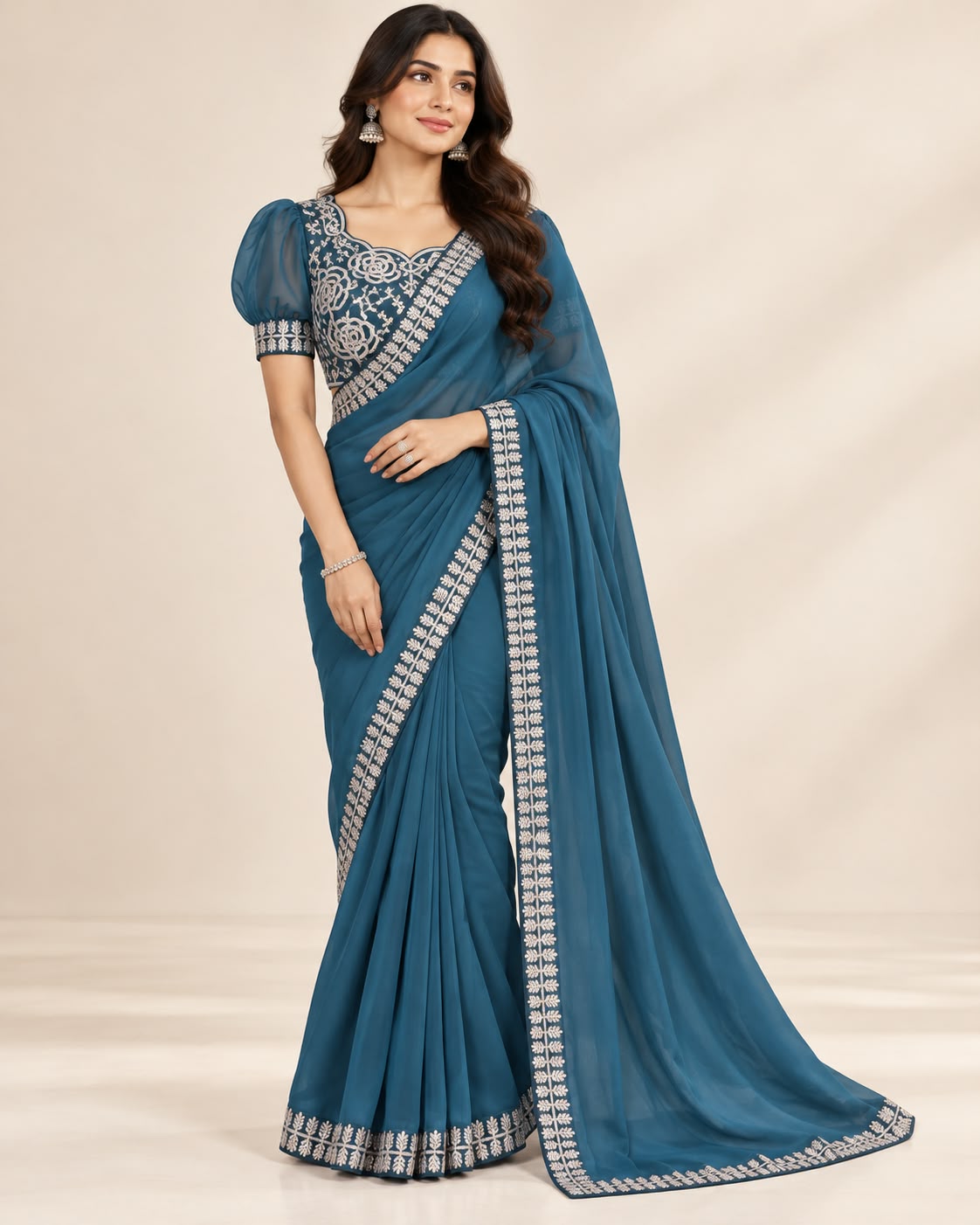 Designer Georgette Saree with Stitched Blouse Embroidered Party Wear 4 Colors - Image 1